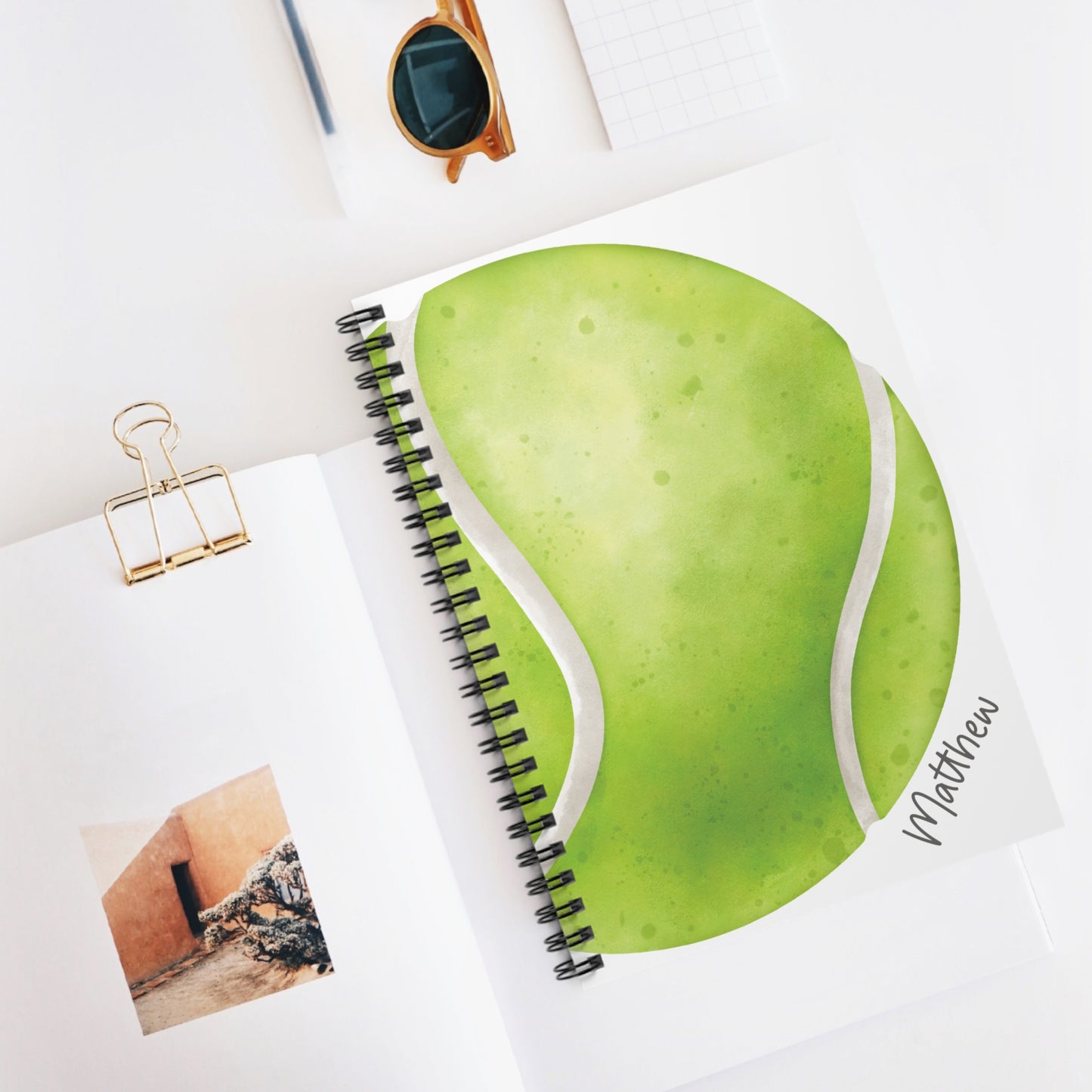 Tennis Ball Spiral Notebook - Personalized, Ruled Line Pages, Document Pocket