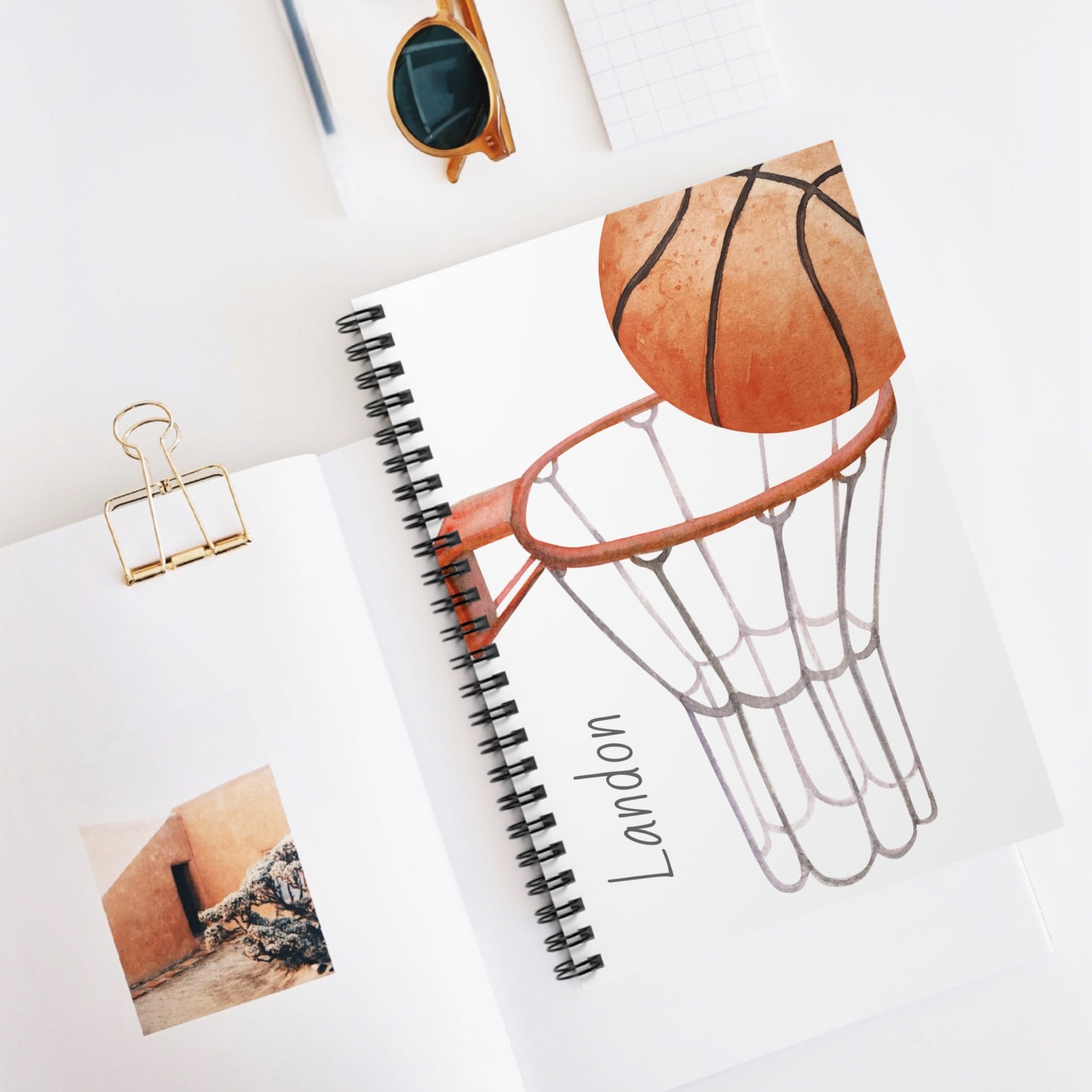 Basketball Themed Spiral Notebook - Personalized, Ruled Line Pages, Document Pocket