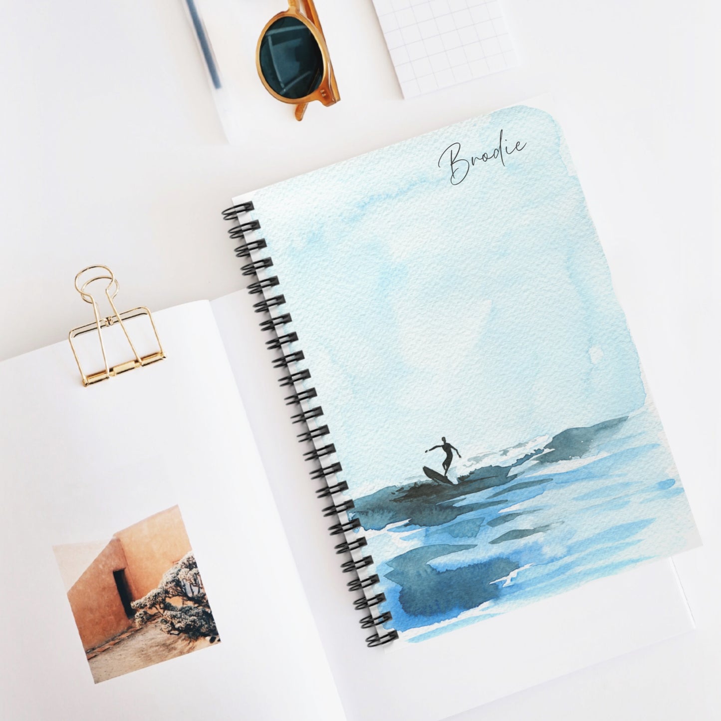 Watercolor Surfing Spiral Notebook - Personalized, Ruled Line Pages, Document Pocket