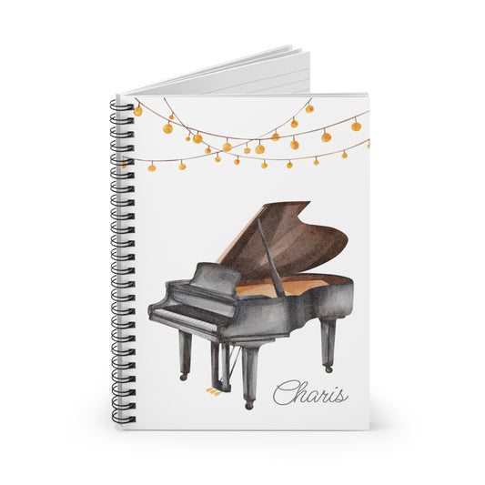 Piano with String Lights Spiral Notebook - Personalized, Ruled Line Pages, Document Pocket