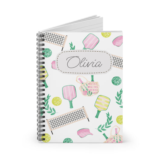Pickleball Themed Spiral Notebook - Personalized, Ruled Line Pages, Document Pocket