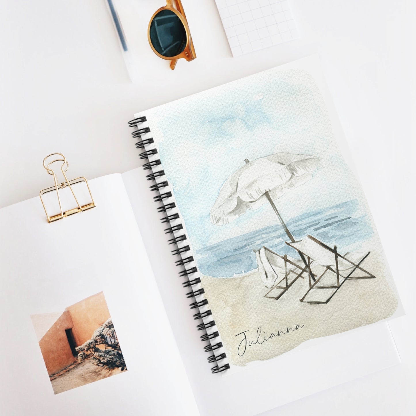 Watercolor Beach Chairs Spiral Notebook - Personalized, Rule Lined Journal