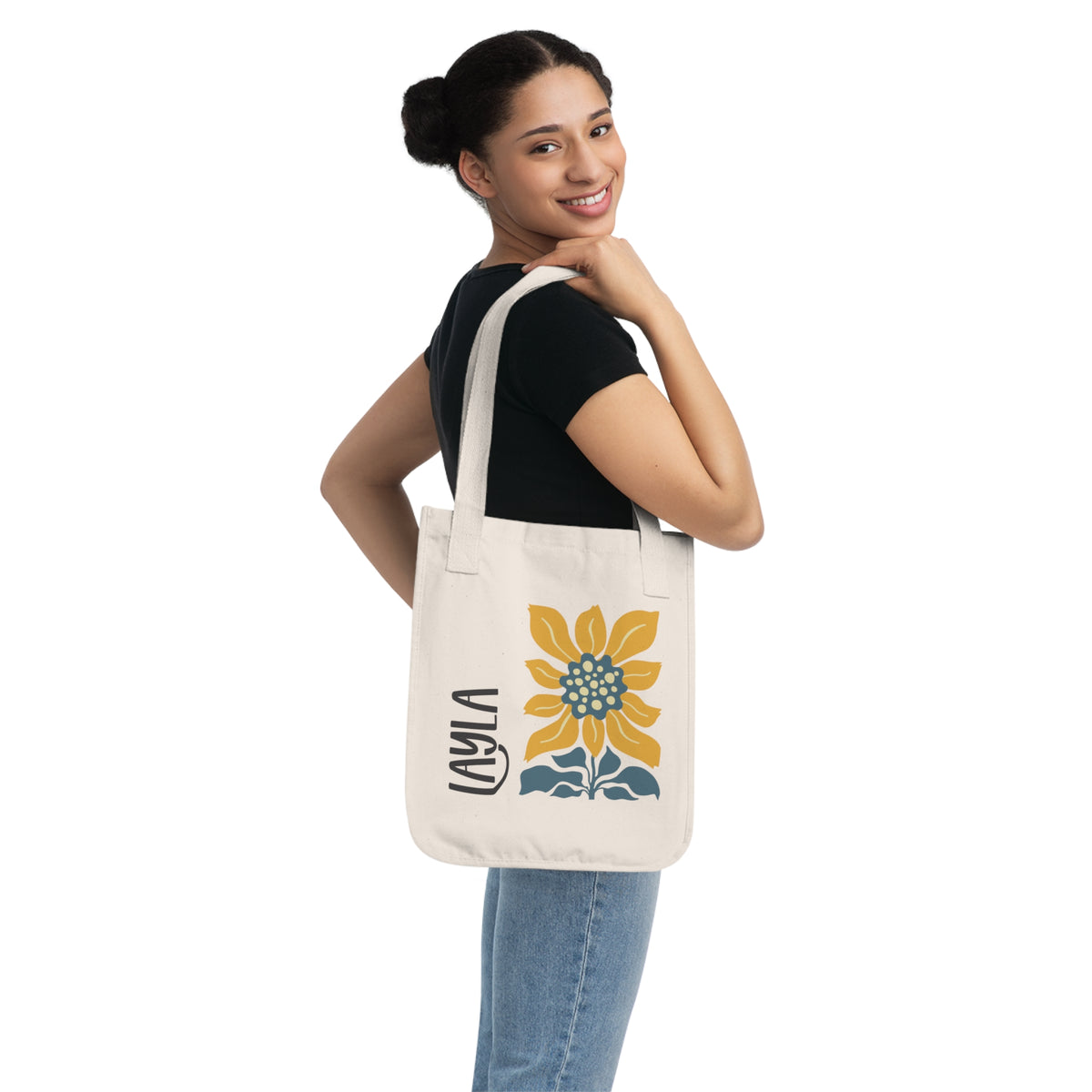 Personalized Sunflower Organic Cotton Canvas Tote Bag. Natural Cotton with customizable text. Perfect on-the-go tote bag for running errands or day trips. Gift idea for mom, sister, or friend. Custom tote bag.