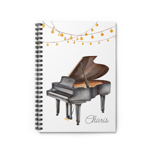 Piano with String Lights Spiral Notebook - Personalized, Ruled Line Pages, Document Pocket