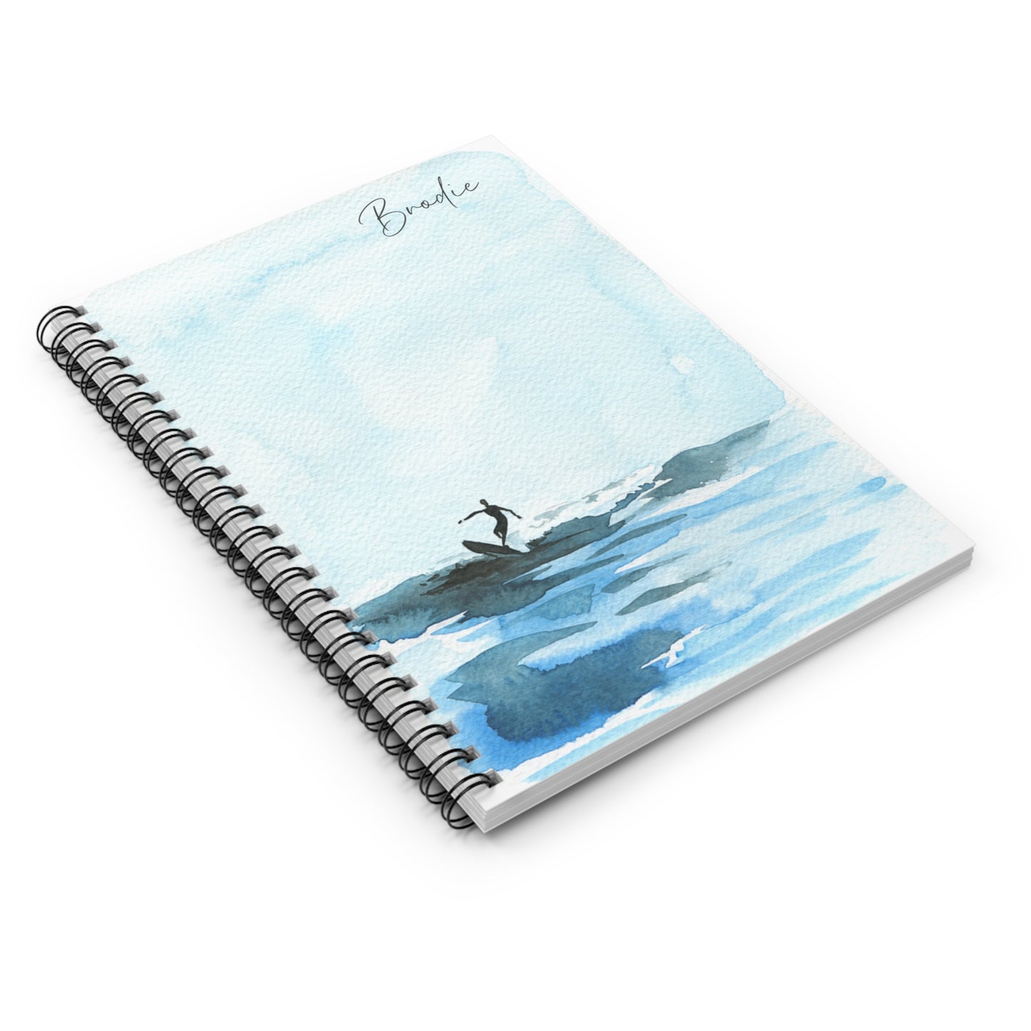 Watercolor Surfing Spiral Notebook - Personalized, Ruled Line Pages, Document Pocket