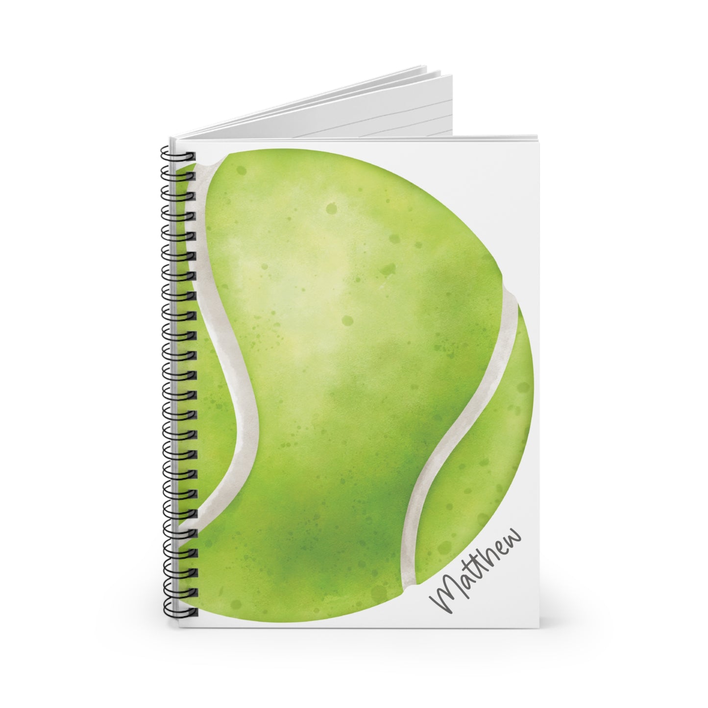 Tennis Ball Spiral Notebook - Personalized, Ruled Line Pages, Document Pocket