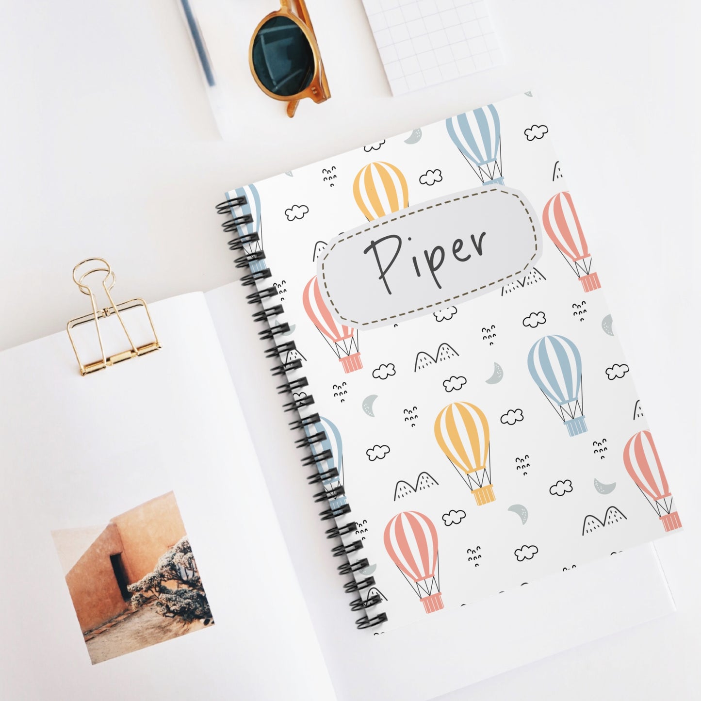 Hot Air Balloon Spiral Notebook - Personalized, Ruled Line Pages, Document Pocket