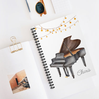 Piano with String Lights Spiral Notebook - Personalized, Ruled Line Pages, Document Pocket