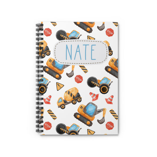 Construction Vehicles Spiral Notebook - Personalized, Ruled Line Pages, Document Pocket