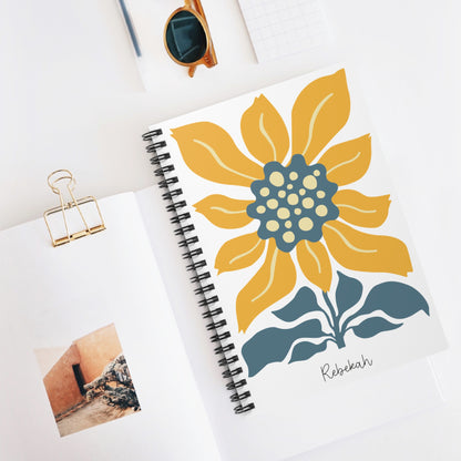 Wavy Sunflower Illustration Spiral Notebook - Personalized, Ruled Line Pages, Document Pocket