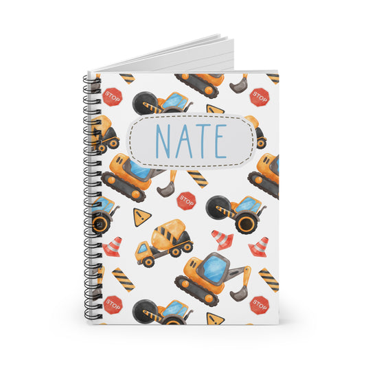 Construction Vehicles Spiral Notebook - Personalized, Ruled Line Pages, Document Pocket