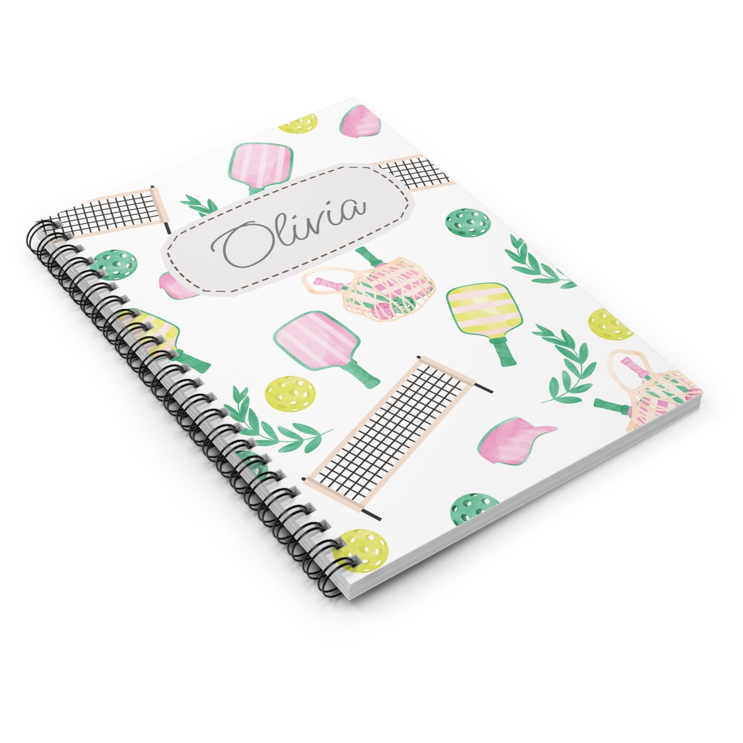 Pickleball Themed Spiral Notebook - Personalized, Ruled Line Pages, Document Pocket