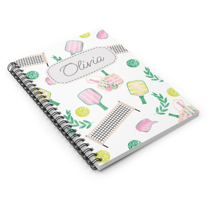Pickleball Themed Spiral Notebook - Personalized, Ruled Line Pages, Document Pocket