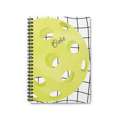 Pickleball with Net Spiral Notebook - Personalized, Ruled Line Pages, Document Pocket