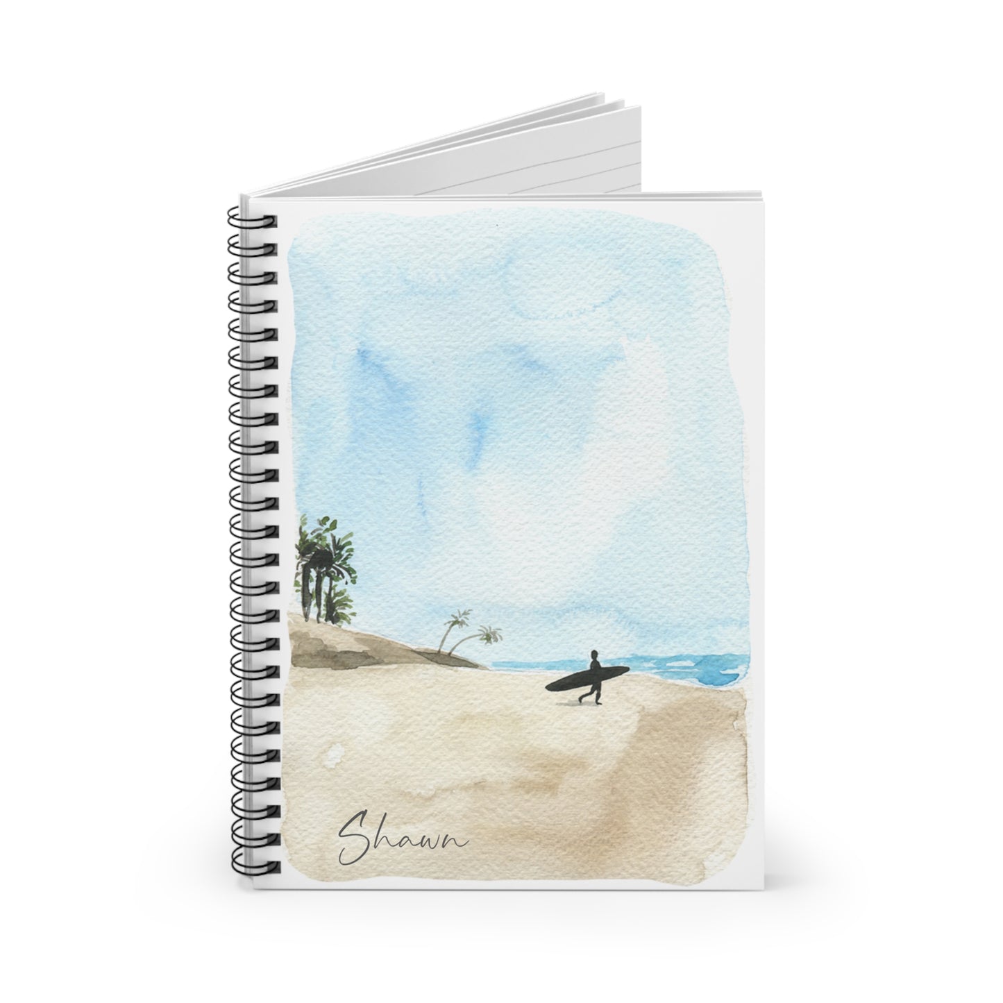 Watercolor Surfer Spiral Notebook - Personalized, Ruled Line Pages, Document Pocket