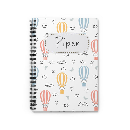 Hot Air Balloon Spiral Notebook - Personalized, Ruled Line Pages, Document Pocket