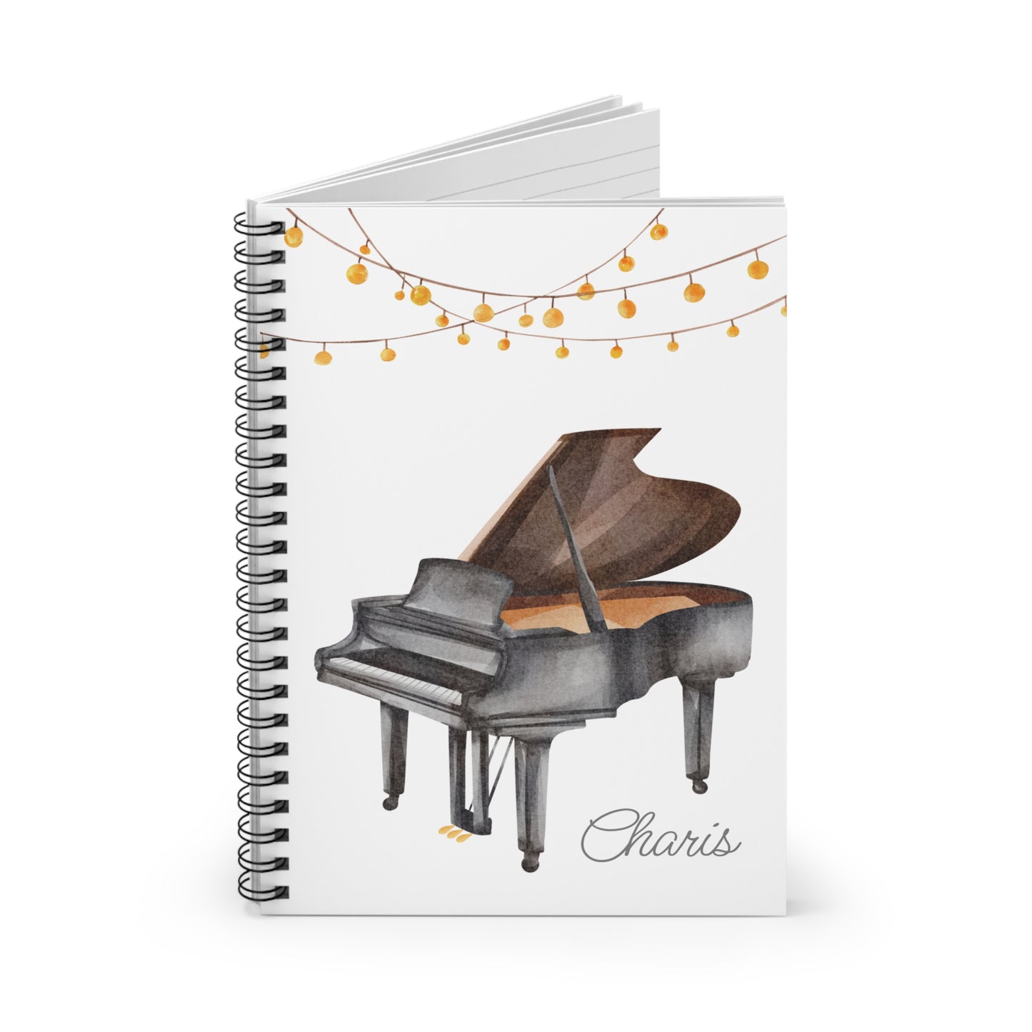 Piano with String Lights Spiral Notebook - Personalized, Ruled Line Pages, Document Pocket