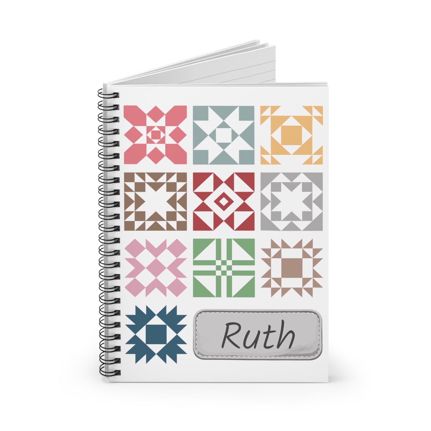 Colorful Quilt Blocks Spiral Notebook - Personalized, Ruled Line Pages, Document Pocket