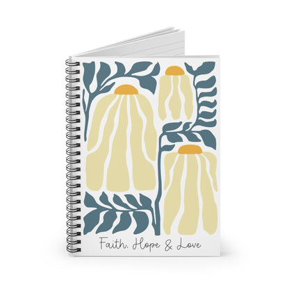 Wavy Chamomile Flower Illustration Spiral Notebook - Personalized, Ruled Line Pages, Document Pocket