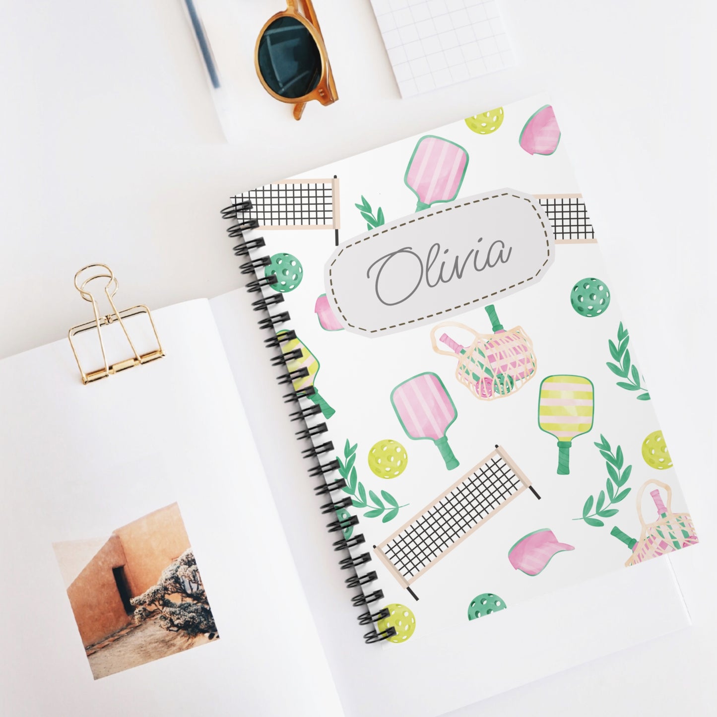 Pickleball Themed Spiral Notebook - Personalized, Ruled Line Pages, Document Pocket