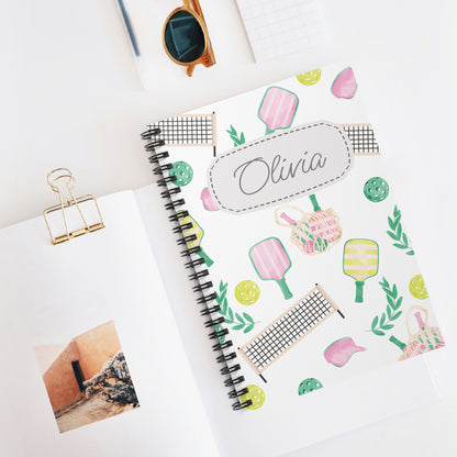 Pickleball Themed Spiral Notebook - Personalized, Ruled Line Pages, Document Pocket