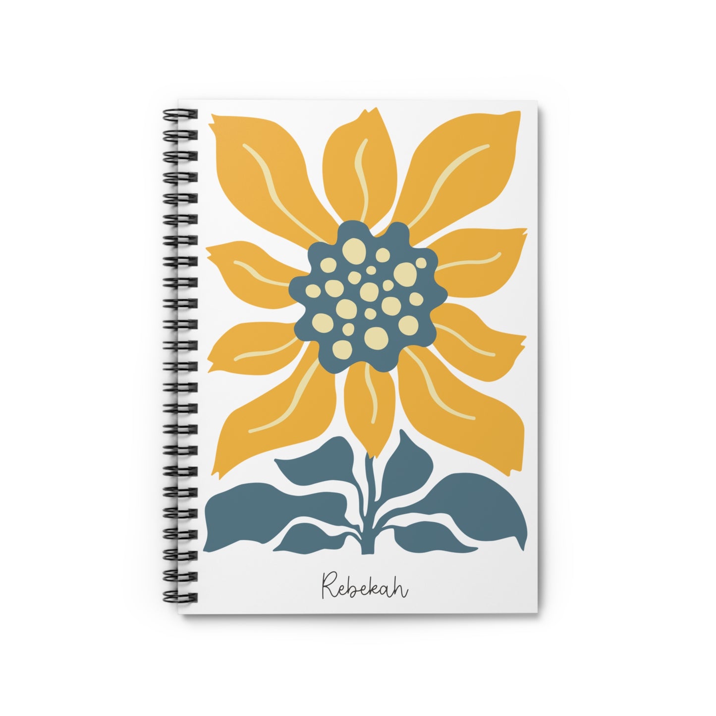 Wavy Sunflower Illustration Spiral Notebook - Personalized, Ruled Line Pages, Document Pocket