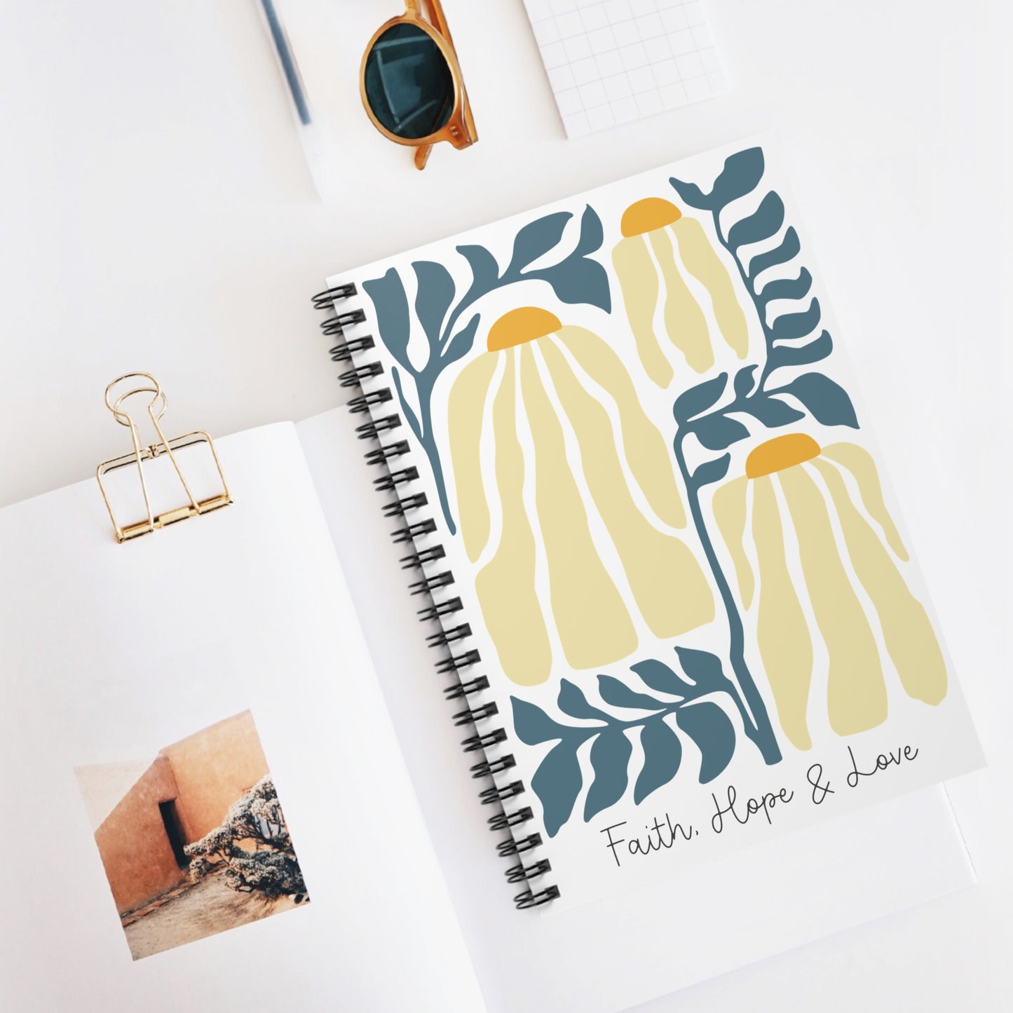 Wavy Chamomile Flower Illustration Spiral Notebook - Personalized, Ruled Line Pages, Document Pocket