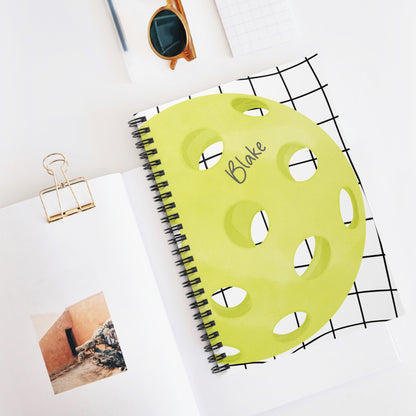 Pickleball with Net Spiral Notebook - Personalized, Ruled Line Pages, Document Pocket