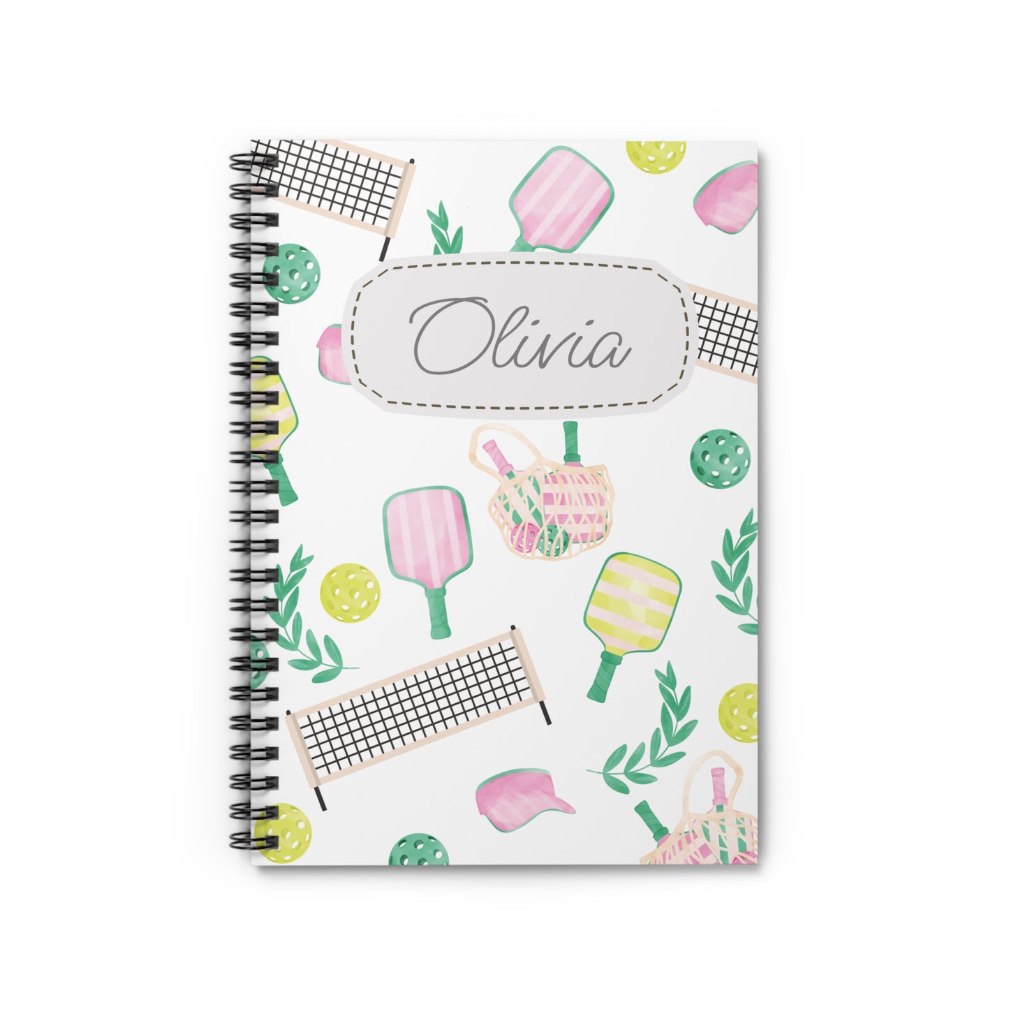 Pickleball Themed Spiral Notebook - Personalized, Ruled Line Pages, Document Pocket