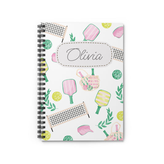 Pickleball Themed Spiral Notebook - Personalized, Ruled Line Pages, Document Pocket
