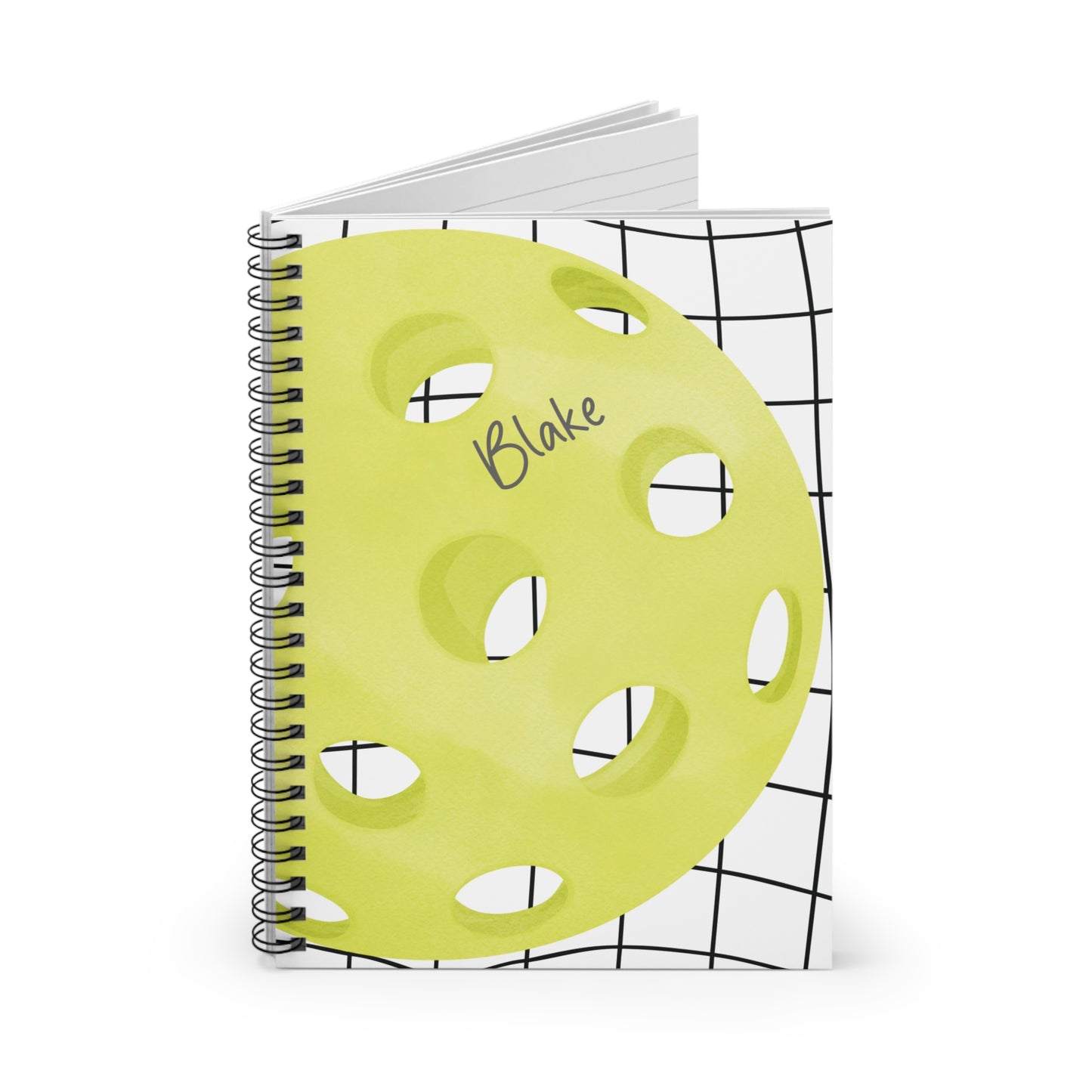 Pickleball with Net Spiral Notebook - Personalized, Ruled Line Pages, Document Pocket