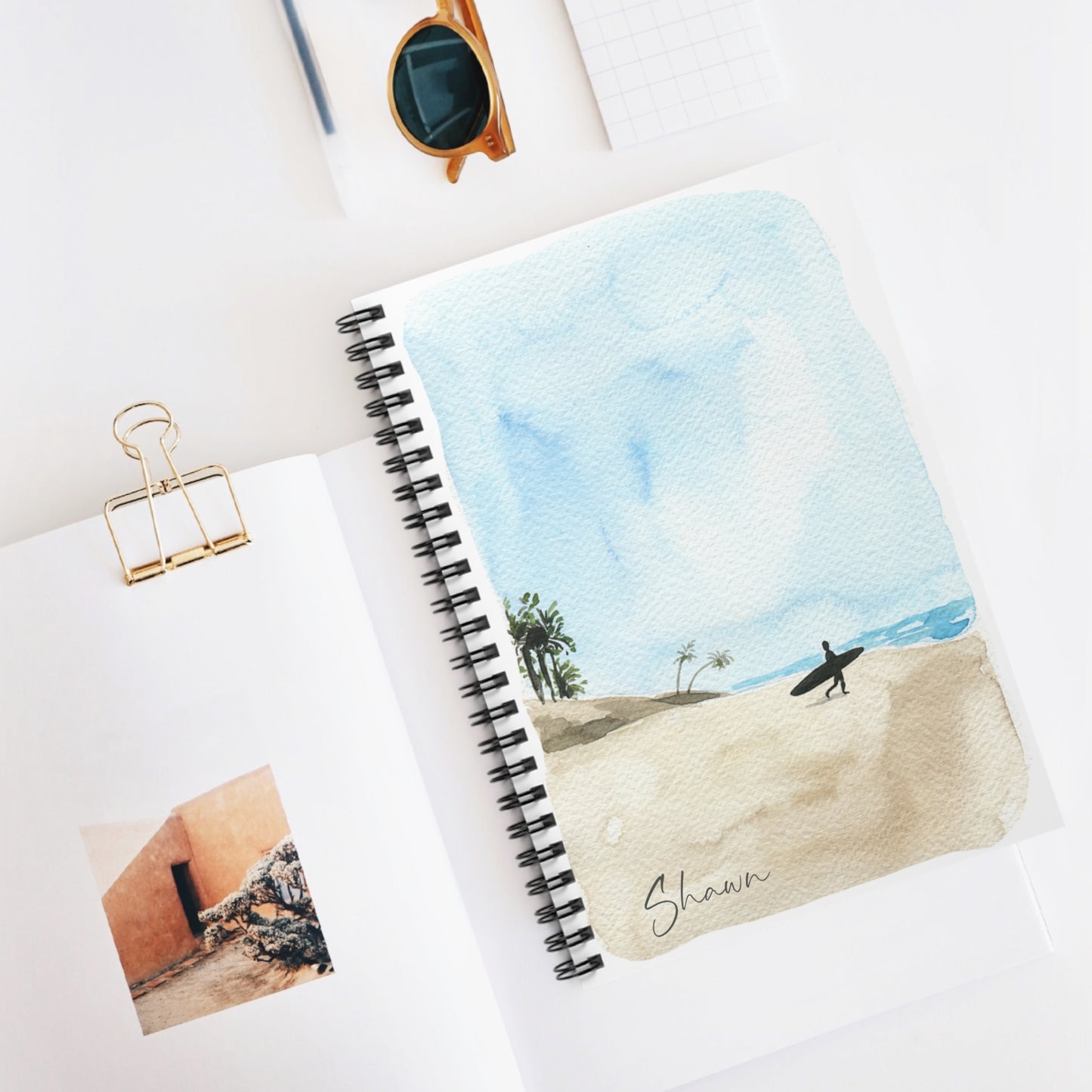 Watercolor Surfer Spiral Notebook - Personalized, Ruled Line Pages, Document Pocket