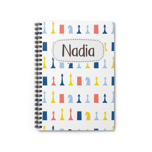 Modern Chess Pieces Spiral Notebook - Personalized, Ruled Line Pages, Document Pocket
