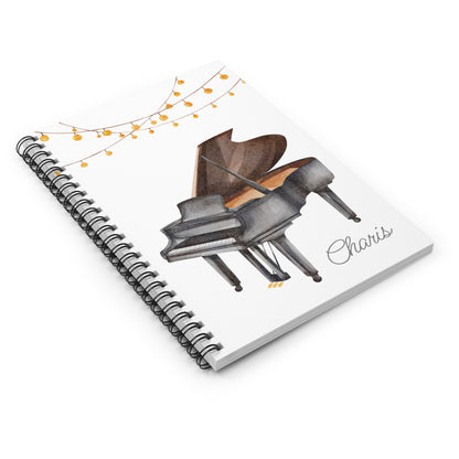 Piano with String Lights Spiral Notebook - Personalized, Ruled Line Pages, Document Pocket