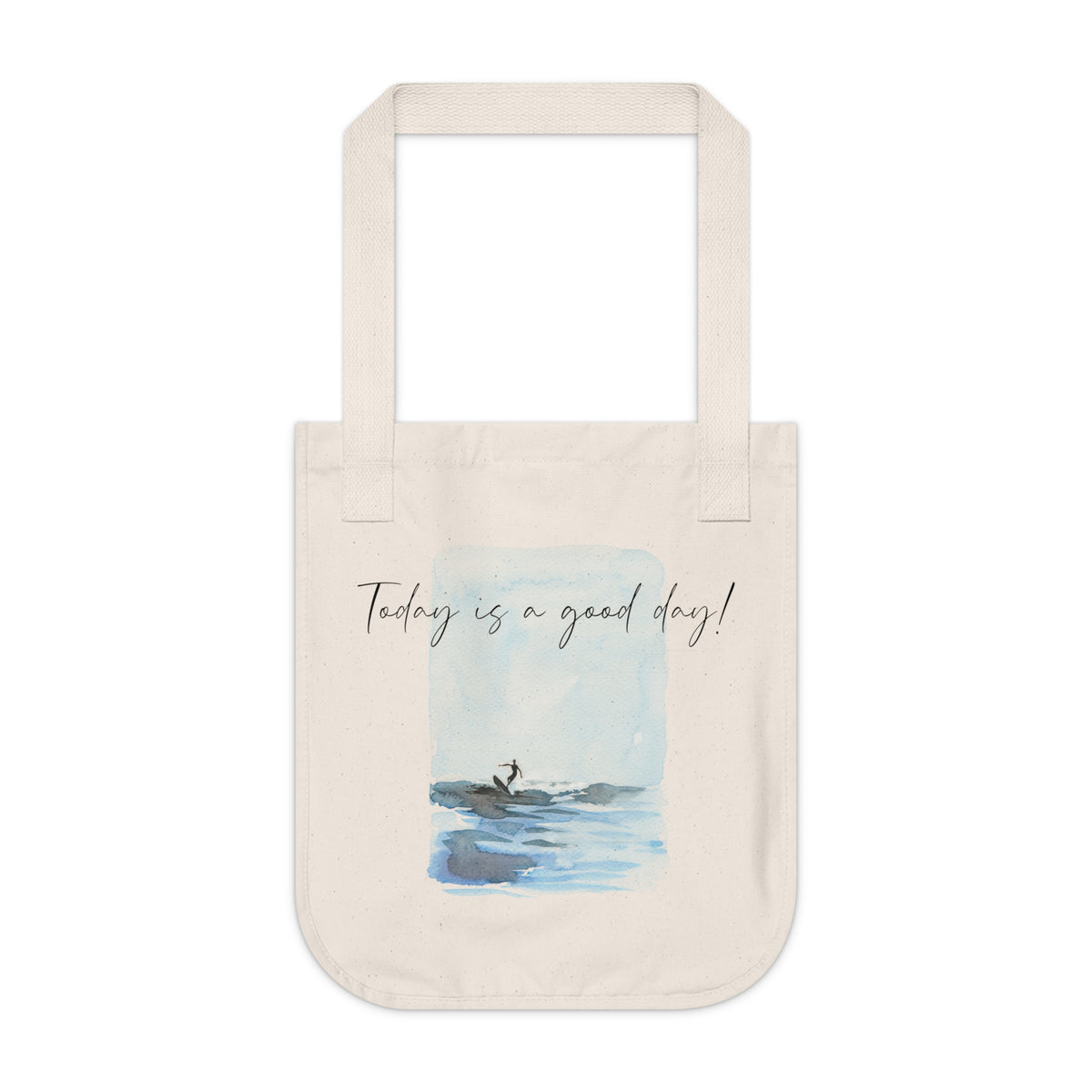 An organic cotton canvas tote bag with a printed watercolor illustration of a surfer and custom text. Personalized Surfing Design on Organic Cotton Canvas Tote Bag with customizable text. Perfect on-the-go tote bag for running errands or day trips to the beach. Gift idea for family, friend or yourself. Custom tote bag.
