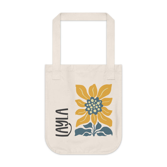 Personalized Sunflower Organic Cotton Canvas Tote Bag. Natural Cotton with customizable text. Perfect on-the-go tote bag for running errands or day trips. Gift idea for mom, sister, or friend. Custom tote bag.