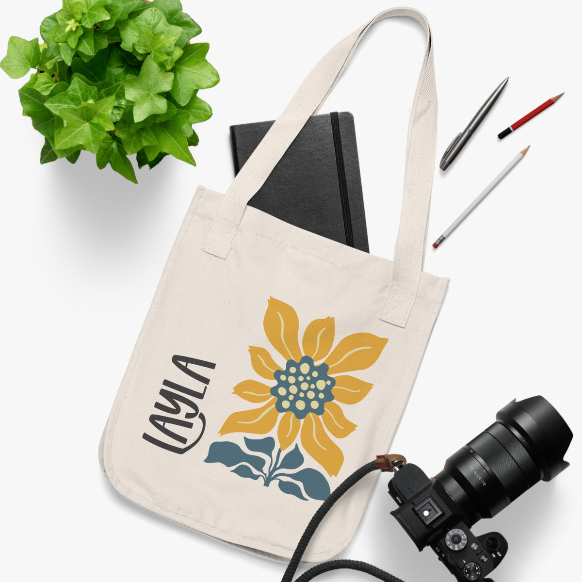 Personalized Sunflower Organic Cotton Canvas Tote Bag. Natural Cotton with customizable text. Perfect on-the-go tote bag for running errands or day trips. Gift idea for mom, sister, or friend. Custom tote bag.