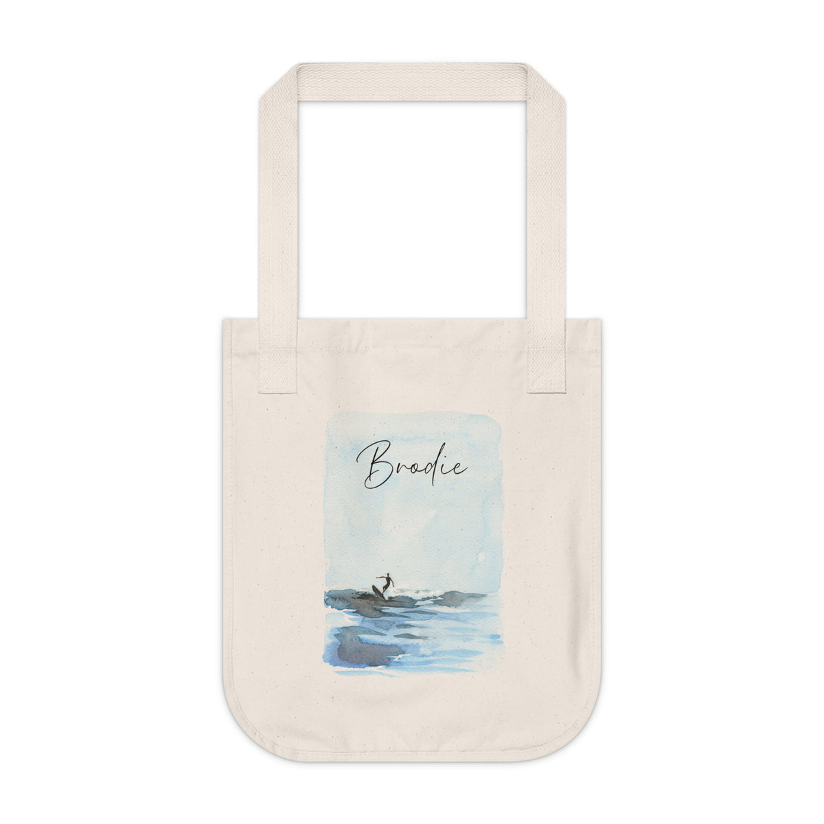 Personalized Surfing Design Organic Cotton Canvas Tote Bag. Natural Cotton with customizable text. Perfect on-the-go tote bag for running errands or day trips to the beach. Gift idea for family, friend or yourself. Custom tote bag.