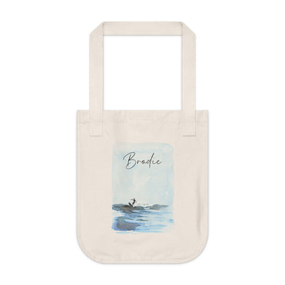 Personalized Surfing Design Organic Cotton Canvas Tote Bag. Natural Cotton with customizable text. Perfect on-the-go tote bag for running errands or day trips to the beach. Gift idea for family, friend or yourself. Custom tote bag.