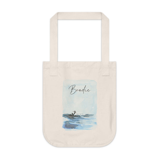 Personalized Surfing Design Organic Cotton Canvas Tote Bag. Natural Cotton with customizable text. Perfect on-the-go tote bag for running errands or day trips to the beach. Gift idea for family, friend or yourself. Custom tote bag.
