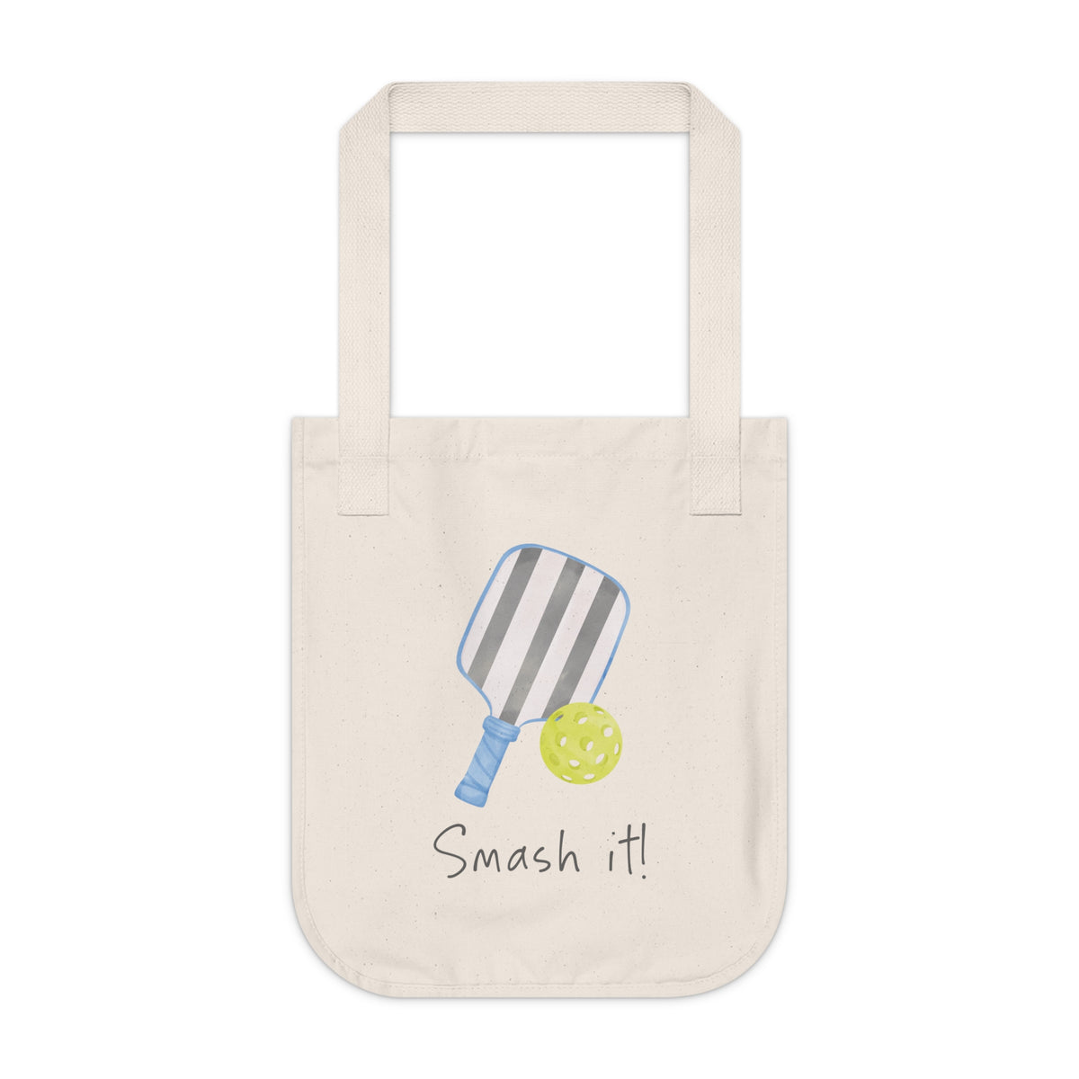 Pickleball player's personalized tote bag. An organic cotton canvas tote bag with a printed illustration of a striped pickleball paddle and a yellow pickleball, with customizable text written below, such as "Smash it!". Custom and personalized tote.