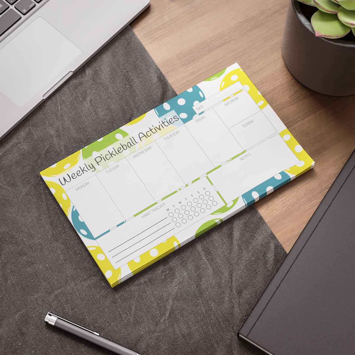 A colorful pickleball themed weekly planner on large sticky notes. Custom and personalized weekly planner. Weekly planner for the pickleball player and fan. 10" x 6"  10 x 6 inches